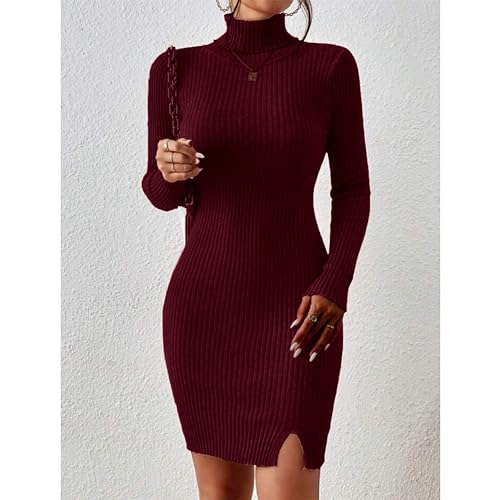 Image of GLARE & BLAIR Solid Turtle Neck Regular Fit Casual Ribbed Knit Long Sleeve Bodycon Dress for Women