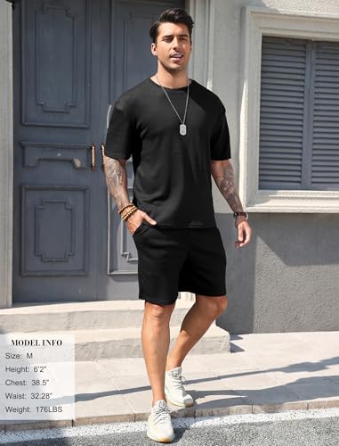 Vssjavun Mens Short Sets 2 Pieces Outfits Waffle Knit Lounge Set Short Sleeve Summer Casual Tracksuit