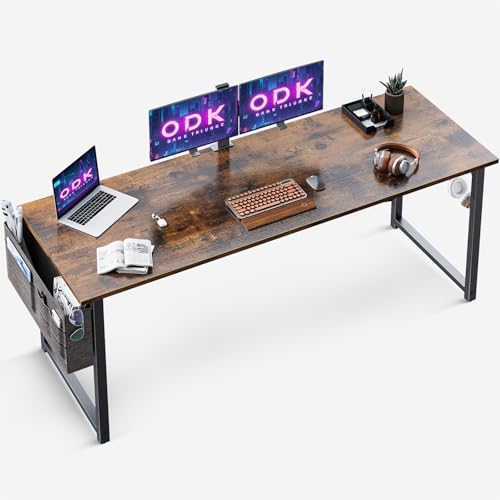 ODK Escritorio de Ordenador, 160x55x73.5cm Mesa de Estudio de Ordenador con Bolsa de Almacenaje y Gancho para Auriculares Mesa de Escritura de Ordenador para Oficina, Dormitorio (Marrón Rústico)