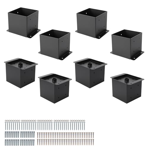 6"x6" Post Base for Deck,8 PC Steel Deck Post Bracket with Hardware Kit,Post Anchor with Powder-Coated,Metal Post Holder with Interior Base for Fence Deck,Pergola and Gazebo