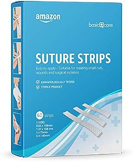 Amazon Basic Care - Hypoallergenic Sterile Suture Strips, 4 sizes - 60 Strips