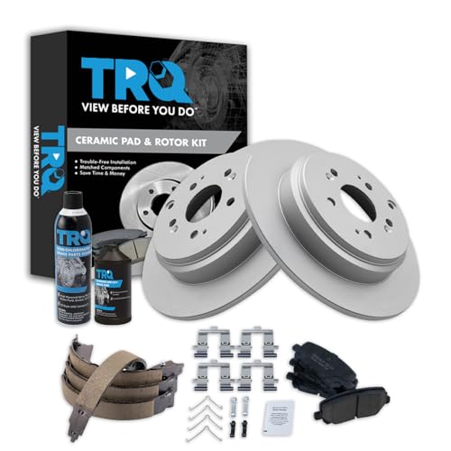 Image of TRQ Rear Brake Pad & Rotor Kit, with Chemical Kit Parking Brake Shoe Set Ceramic Premium G-Coated Compatible with 2007-2013 Acura MDX 2010-2013 ZDX 2009-2015 Honda Pilot