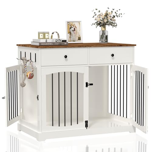 BREEZEHEAT Dog Crate Furniture 40 inch Farmhouse Dog Kennel with Drawers-Wooden Pet Crate End Table Double Door Design Decorative Dog House Indoor for Small Medium Large Dog Off White