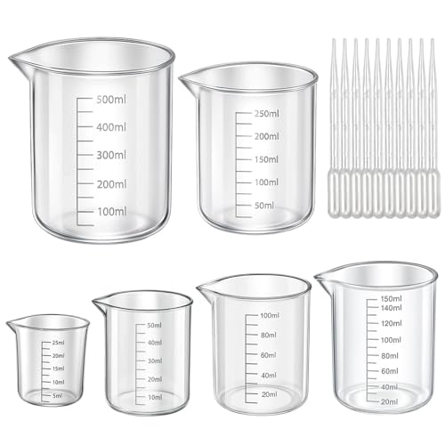 16 Stück Messbecher Set, Präzisionshitzebeständig 6 Messbecher 25 Ml 50 Ml 100 Ml 150 Ml 250 Ml 500 Ml Mit 10 Pipetten, Measuring Cups,für Labor Küche Waschmittel Chemikalien