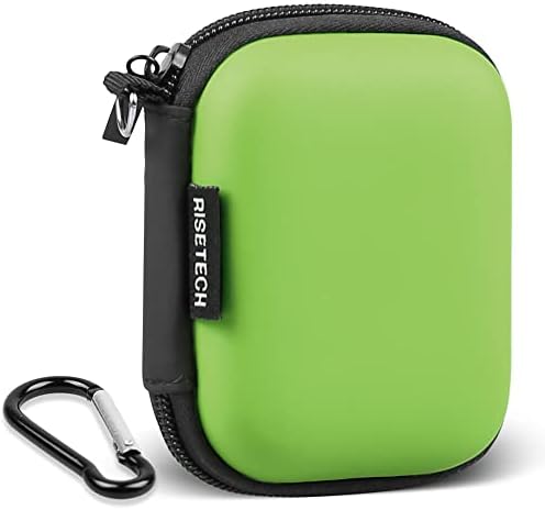 Earphone case, RISETECH Earbud Carrying Case Holder Hard EVA Headphone Small Zipper Pouch Compatible with Flash Drive, USB Charging Cable, SD Memory Card, AirPods, Sony Wired Earbuds with Clip -Green
