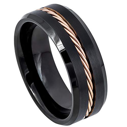 Free Personalized Laser Engraving Ring for Men and Ring for Women Tungsten Band Rings 8mm Black IP Beveled Edge with Rose Gold IP Plated Rope Inlay Ring for Engagement/Rings for Anniversary