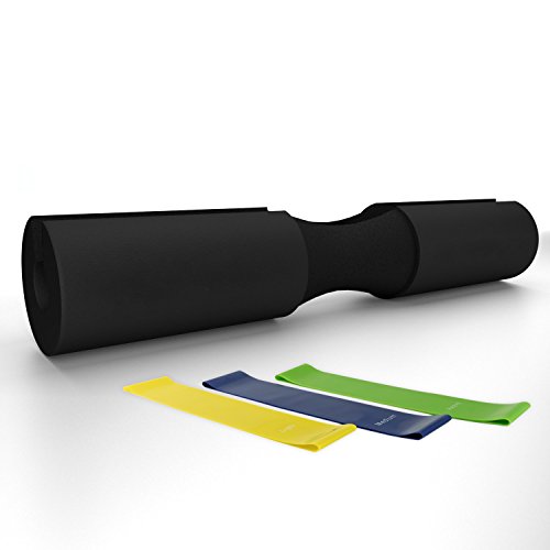 Squat Pad with Resistance Band BONUS Kit | Barbell Pad for Hip Thrusts, Squats and Lunges | Foam Pad (Black)
