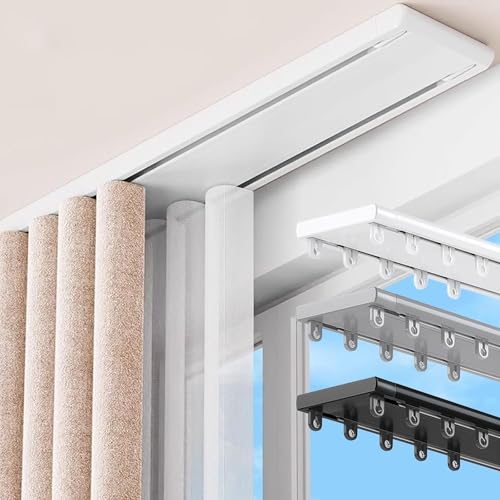 Aluminium Rail De Rideau Rail Rideaux Plafond Double Tringle A Rideaux avec Rouleaux Muets Ensemble De Rails De Plafond Idéal pour Chambres Et...