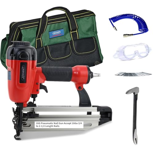 Jovant Pneumatic Finish Nailer, 16 Gauge, Accepts 3/4 to 2-1/2 Inch Brad Nails, Ideal for Upholstery & Hardwood (Includes 6m Air Tube, Nail Puller & Portable Bag)