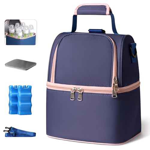 Image of NCVI Breastmilk Cooler Bag with 2 Ice Pack, Breast Pump Bag with Cooler Fits 6 Bottles, Double Layer Breast Milk Baby Bottle Cooler Bag, for Travel, Nursing Mom Daycare, Work, Picnic (Purple)