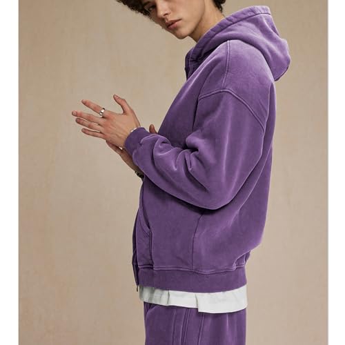 Mens Fleece Hoodies Double Zip Up Cotton Sweatshirt Oversized Acid Wash Hooded Jackets Vintage Sweatshirt4