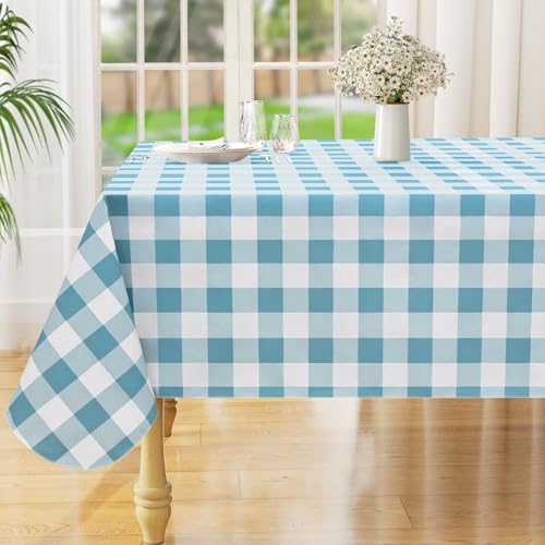 Image of misaya Square Waterproof Vinyl Table Cloth, Buffalo Flannel Backed Tablecloth, Wipeable Plastic Table Cover for Dinner, Kitchen, Outdoor (54 inch x 54 inch, Aquamarine and White)