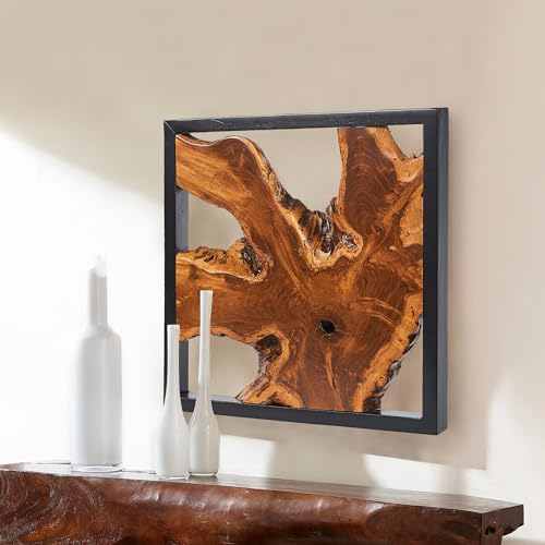 Warmaxx Teak Wood Framed Wall Décor 17' x 17' Rustic Farmhouse Wall Art Aesthetic Decoration Home Office Dorm Square Handmade Live Edge Brown Wooden Wall Décor Living Room Bedroom Hallway