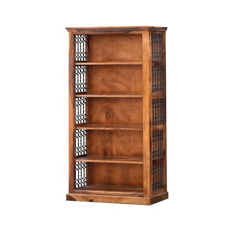 Image of SONA ART & CRAFTS Iron Jali Book Shelf Wooden | Multipurpose 5 Tier Semi Open Bookshelf for Home & Library | Storage Cabinet for Living Room | Crockery Cabinet for Home, Kitchen | Honey Finish