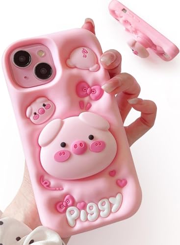 Dzdcase Designed for iPhone Case，Luxury Kawaii 3D Pig Phone Case with Stand and Grip, Cute Cartoon Animal Soft Phone Case (iPhone 15 Pro Max,Pink)