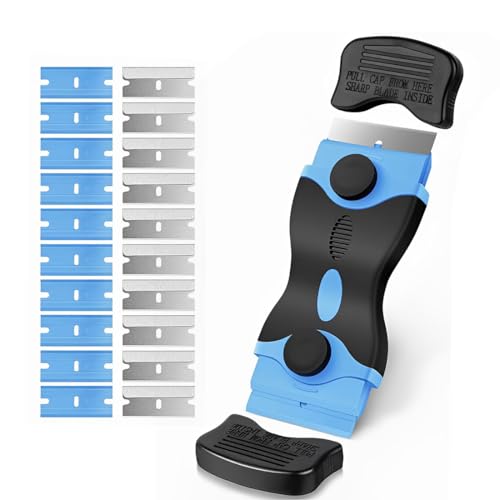 LYITZW 1 Rasqueta Vitroceramica Azul de Doble Cabeza con 10 Cuchillas de Metal y 10 de Plastico, Mango Revestido en TPR y Cabeza de Aluminio, Para Limpieza de Cocina y Hogar