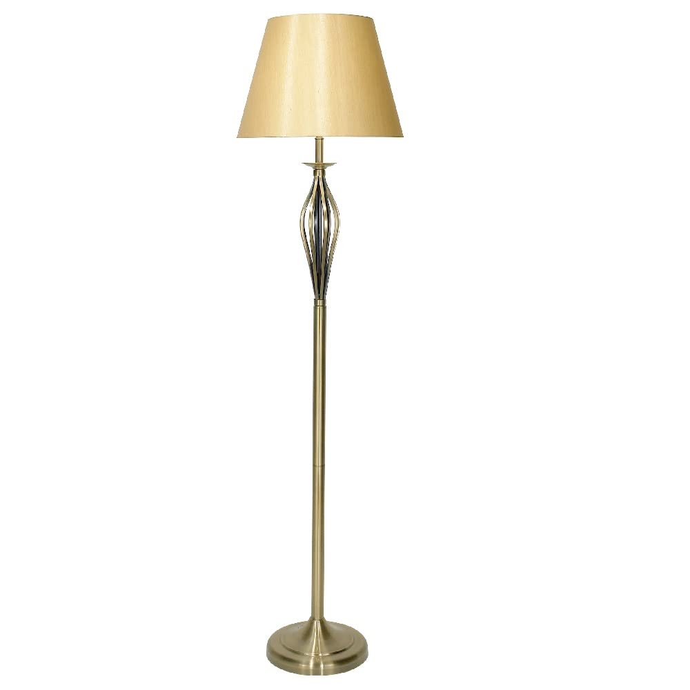 Britalia Antique Brass Vintage Open Metalwork Floor Lamp With Gold Faux Silk Tapered Drum Shade | 160Cm Height | 1 X Es E27 Lamp Bulb Required | Uk Approved | On Off Foot Switch