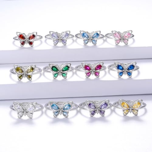 Butterfly Birthstone Rings for Women Sterling Silver Stsckable Birthstone Promise Ring Jewelry Gifts for Christmas Birthday2