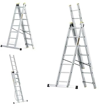 DRABEST SCALETTE SERIE PRO 3x7 Scala Multiuso a Tre Sezioni Pressopiegata in Alluminio 150kg - Scaletta in Alluminio - Scaletta Multiuso - Scaletta Pieghevole Pieghevole - 45x409x16cm