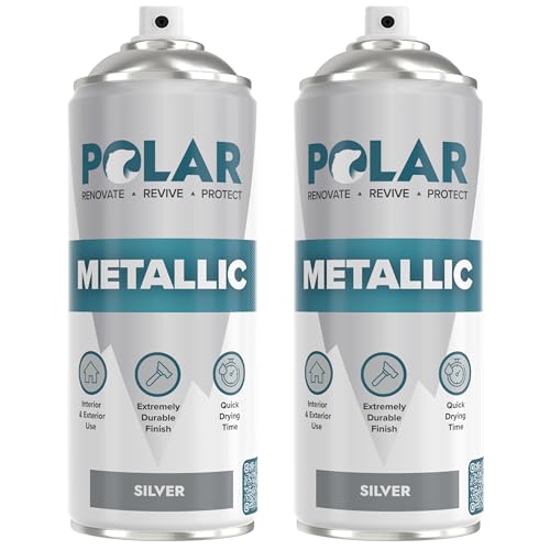Polar Metallic Spray Paint - For Plastic, Metal, Wood, Glass, Ceramics & Ornaments - Multi-Purpose Scratch-Resistant Coating - Interior & Exterior - Quick Drying & Easy to Apply - Silver - 2 x 400 ml