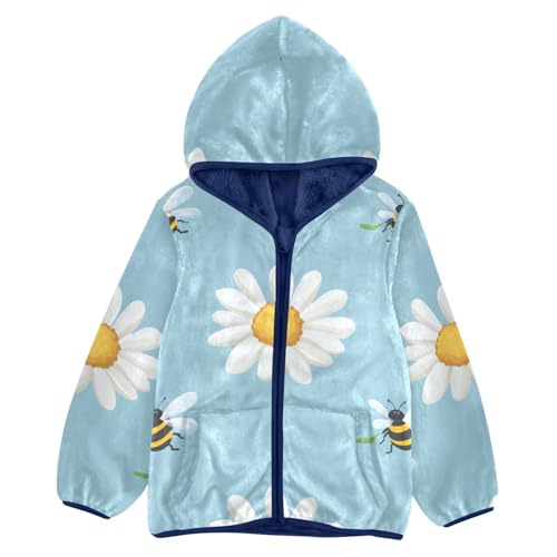 Daisy Flower and Bee on Blue Girls Fleece Jacket Girls Fall Jacket Girls Zip Up Hoodie Girls Sherpa Jacket 2-10T