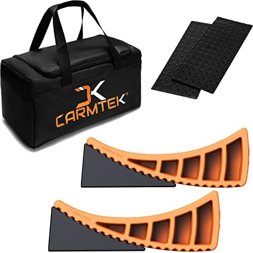 CARMTEK Camper Leveler Premium Kit | Fit Curved RV Levelers with Wheel Chocks, Rubber Mats & Carry Bag for Tight Dual Axle Trailers | Faster RV Leveling System than RV Leveling Blocks | RV Accessories