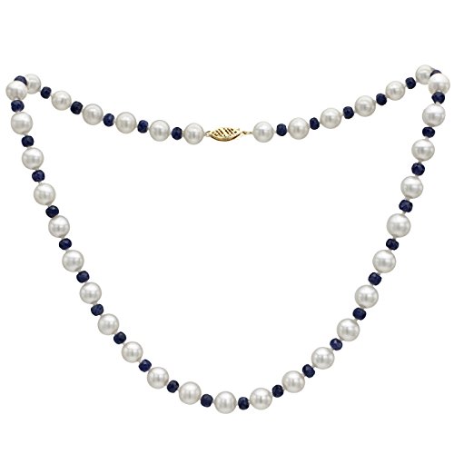 14K Yellow Gold Freshwater Cultured White Pearl Sapphire Necklace 18 inches 8-8.5mm3