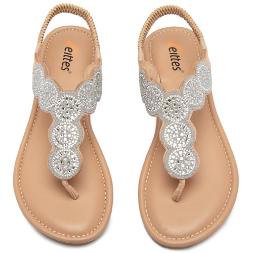Image of Veittes Women's Bohemian Bling Flat Slide Sandals - Casual Summer Thong Sandals with Rhinestone Decor, Rubber Sole, Lightweight & Comfortable Ankle StrapThong Summer Sandals.(7004,SV/MF,7.5)
