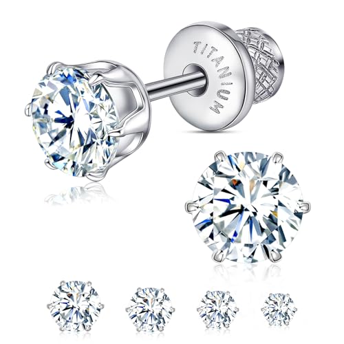 Limerencia Titanium Hypoallergenic Flat Back Earrings – 6 Prong White CZ Screw Back Studs | Implant Grade Titanium for Sensitive Ears | Nickel-Free, Pain-Free Sleep & Shower Wear | Stylish Gift for Women and Men