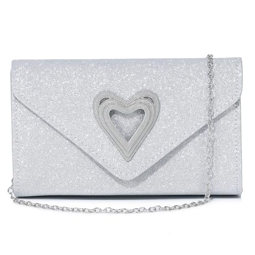 DETARA Women Heart Evening Clutch Purse Shiny Evening Handbag for Women Sparkly Wedding Party Prom Purse Dressy Clutch Bags (A1398 Silver)