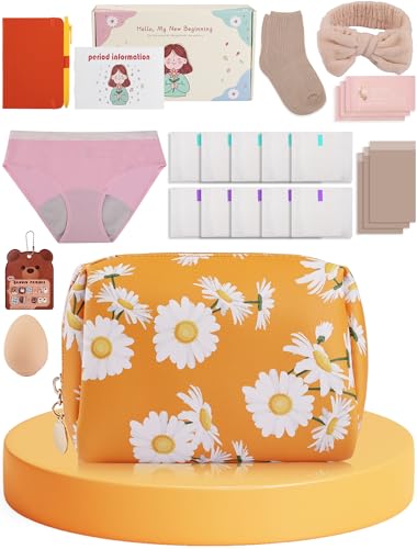 YuanYue First Period Gift Kit for Girls 9-12 | Complete Tween Period Set with Daisy Yellow Bag, Leak-Proof Panties, Teen Pads, Wipes, Diary, Nail Stickers & More – Perfect for School & Travel (S)