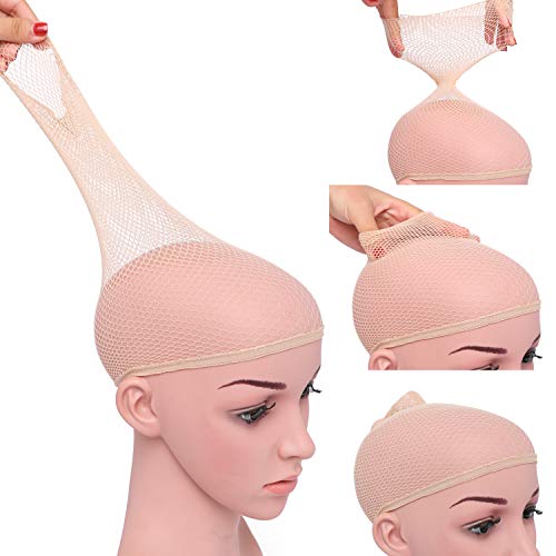 BESTUNG 3 PACK Elastic Mesh Wig Caps for Women Long Hair Open End Fishnet Beige Breathable Wigs Cap