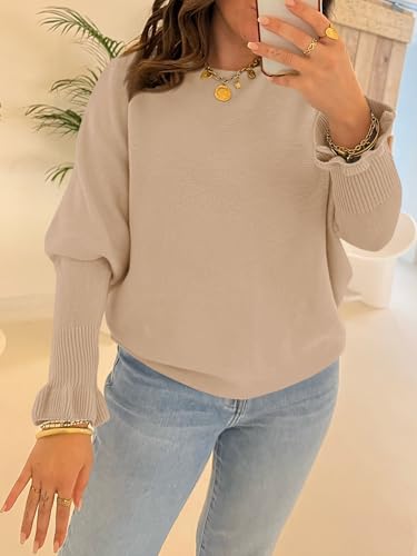 Saodimallsu Womens Boat Neck Batwing Sweaters Dolman Ruffle Long Sleeve Off Shoulder Fall Loose Knit Pullover Tops2
