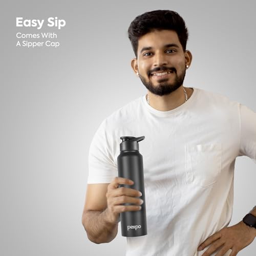 Image of PEXPO Chromo Pro 950ml - Knight Black and Bravo 980ml Knight Black Stainless Steel Water Bottle ISI Certified | For Home, Office, Gym, Travelling