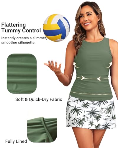 Daci Womens Green Palm Tree Tankini Swimsuits with Skirt - Two Piece Tummy Control Bathing Suits High Neck Swimwear M - Thumbnail 5