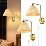 ZORYATA Plug in Rattan Wall Sconce Set of 2, Boho Woven Brown Wall Lamps with Gold Arm, Dimmable Switch Light Fixture, Rustic Plug-in Wall Decor Lighting for Bedroom, Living Room, Hallway, Room Lights