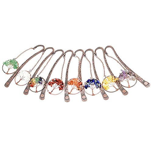 Yiruzwrd Chakra Bookmark Tree Of Life Metal Bookmark Healing Amethyst Beaded Crystal Tumbled Stones Bookmark #TOP2