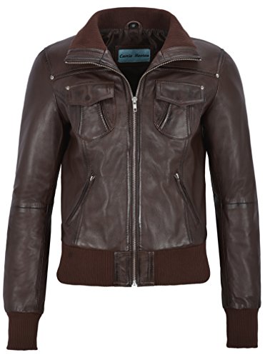Veste en cuir moto femme style court bomber blouson biker marron Fusion