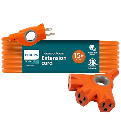 Philips EZGrip Outdoor Extension Cord with Multiple Outlets, Grounded 3 Prong Cord, Long Extension Cord Indoor with Multiple Outlets, Heavy Duty, 15 Ft, 16 AWG, Orange, SPS3233O/37