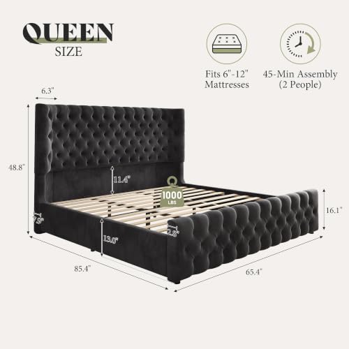 Image of AMERLIFE Queen Upholstered Bed with Headboard, Wingback, Black Velvet