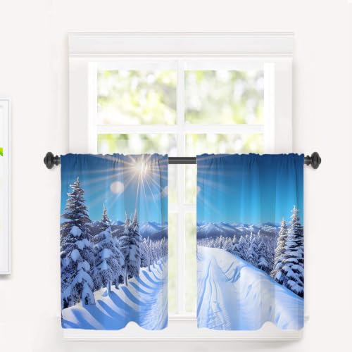 BaoNews Cedar Mountain Snowfield Blackout Tier Curtains, Sunshine Forest Trees Half Window Drapes for Kitchen with Rod Pocket,Room Darkening 2 Pack 26X36 Inches