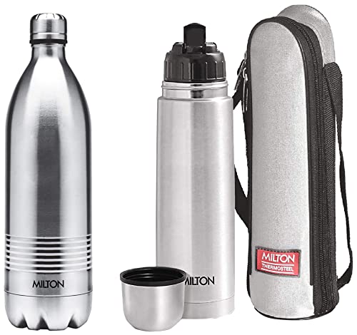 Image of Milton Thermosteel Flip Lid Flask, 500 milliliters, Silver & Thermosteel Duo Deluxe-1000 Bottle Style Vacuum Flask, 1 Litre, Silver Combo