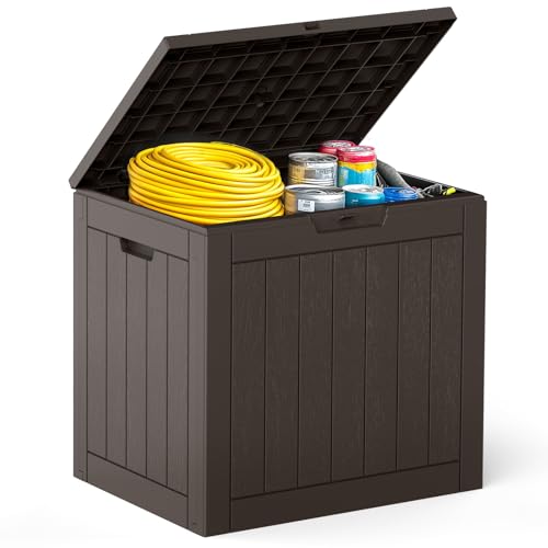 Image of DUMOS 31 Gallon Deck Box, Lockable Outside Storage Boxes for Outdoor Use, Outside Waterproof Resin Package Delivery Box for Backyard Patio Garden, Modern Brown