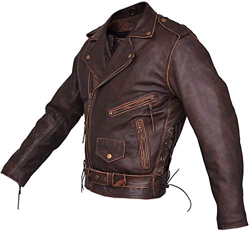 Men's Brando Vintage Biker Style Classic Diamond Motorcycle Dark Brown Leather Jacket2