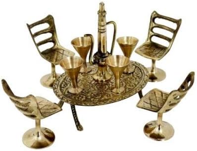 Brass Miniature Table Chair Maharaja Set Showpiece (Standard, Gold) - 1 Table, 1 Surahi, 4 Glasses, 4 Chairs