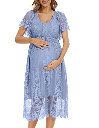 Lahilo Ruffle Sleeve V Neck Floral Lace Maternity Dress For Baby Shower/Photoshoot/Wedding/Party Blue #TOP4