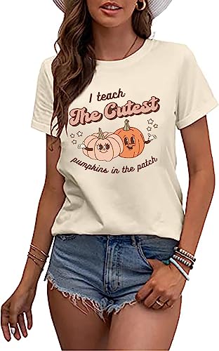 RFBIQI Teacher Halloween Shirt for Women I Teach The Cutest Pumpkins in The Entire Patch T-Shirt Funny Teacher Gift Tee Top (XL, Apricot)