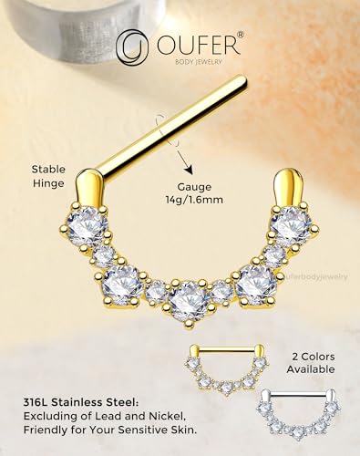 OUFER 2PCS 14G Nipple Rings, 316l Surgical Steel Nipple Piercing Jewelry, Round Clear CZ Nipple Barbells, Clicker Nipple Rings For Women- Silver/Gold4