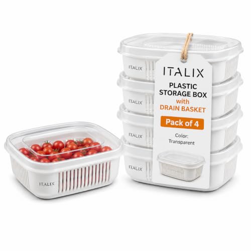 Image of ITALIX Storage Containers Set of 4 with Lid & Drain Basket for Kitchen, Fridge & Pantry Organization, Multipurpose Plastic Food Storage Box for Fruits, Vegetables, Dry Snacks & Meal Prep