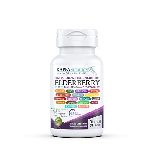 Elderberry 5,000mg, Vitamin C 500mg, Zinc 50mg, Vitamin D3 5,000iu, Echinacea, Bee Propolis, Turmeric, Ginger, (90 Capsules), 17 in 1 High Potency Immune Support, Elderberry from Kappa Nutrition.